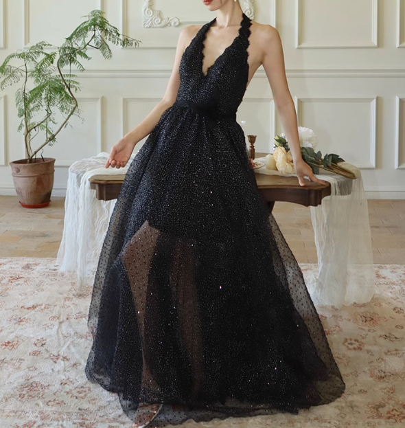 Black fine shimmer tulle dress French halterneck backless dress ED01085