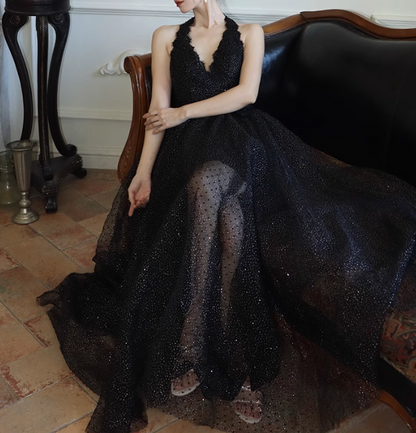 Black fine shimmer tulle dress French halterneck backless dress ED01085