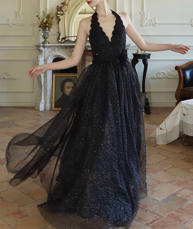 Black fine shimmer tulle dress French halterneck backless dress ED01085