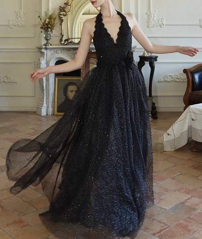 Black fine shimmer tulle dress French halterneck backless dress ED01085