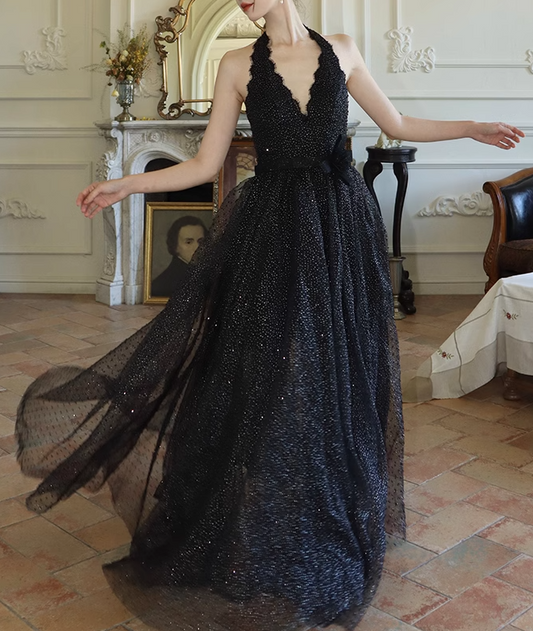 Black fine shimmer tulle dress French halterneck backless dress ED01085