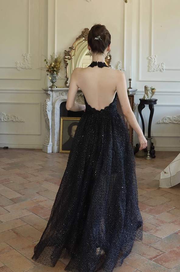 Black fine shimmer tulle dress French halterneck backless dress ED01085