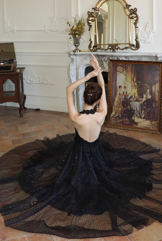 Black fine shimmer tulle dress French halterneck backless dress ED01085