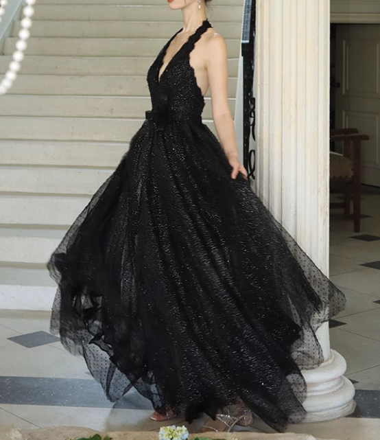 Black fine shimmer tulle dress French halterneck backless dress ED01085