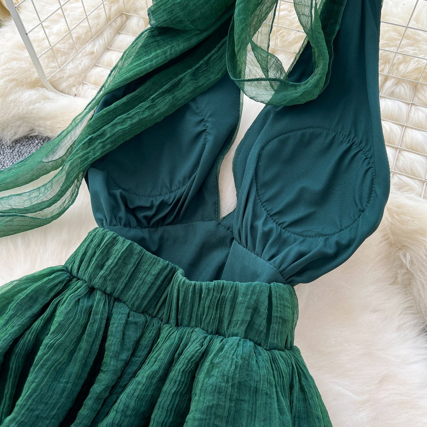 French dark green V-neck halter back long dress ED01086
