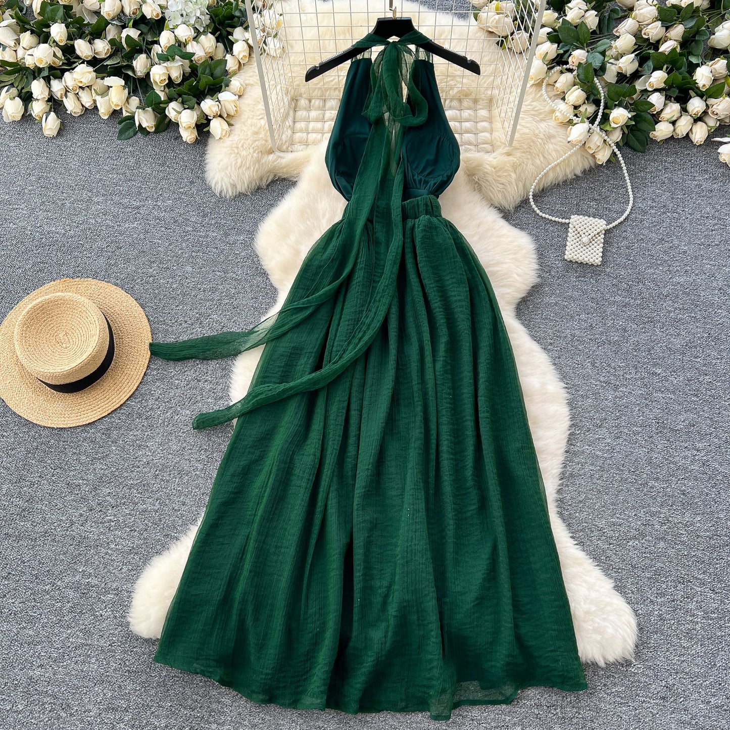 French dark green V-neck halter back long dress ED01086