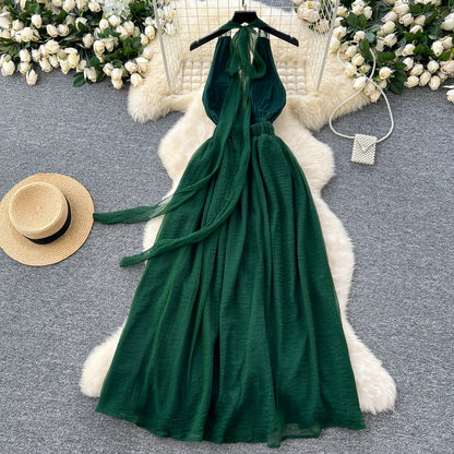 French dark green V-neck halter back long dress ED01086