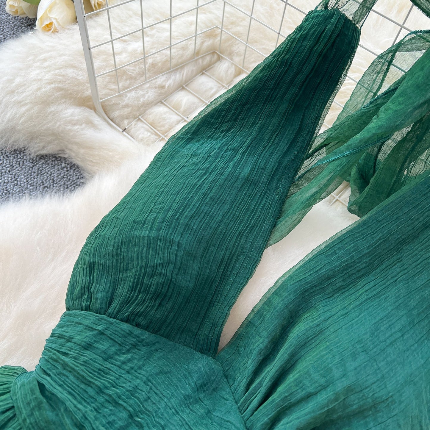 French dark green V-neck halter back long dress ED01086