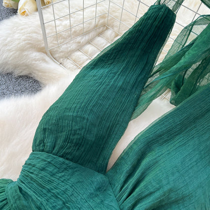 French dark green V-neck halter back long dress ED01086