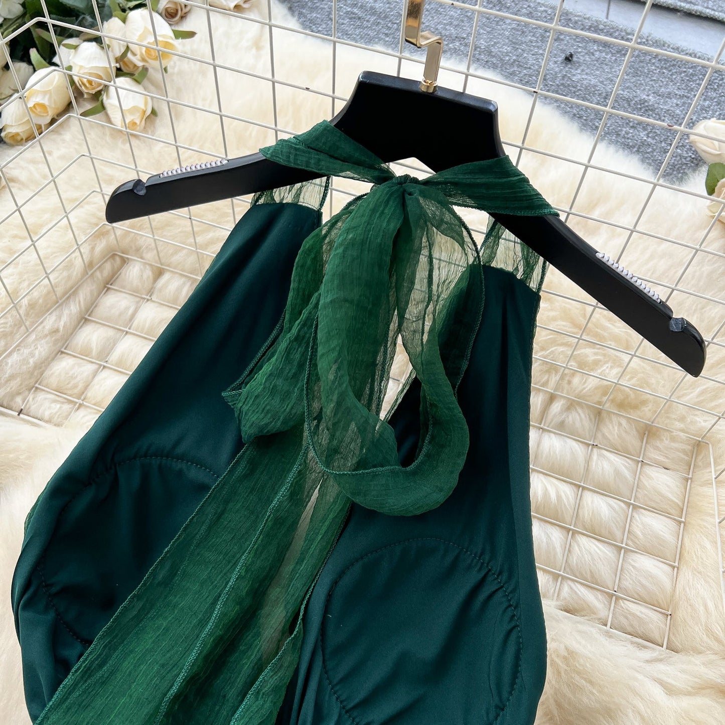 French dark green V-neck halter back long dress ED01086
