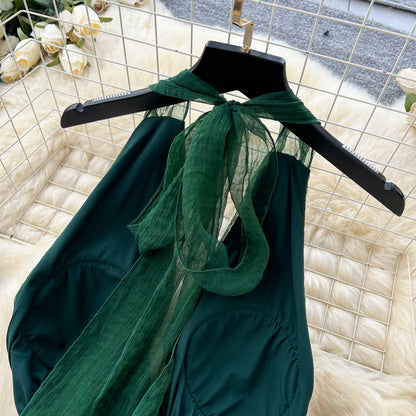 French dark green V-neck halter back long dress ED01086