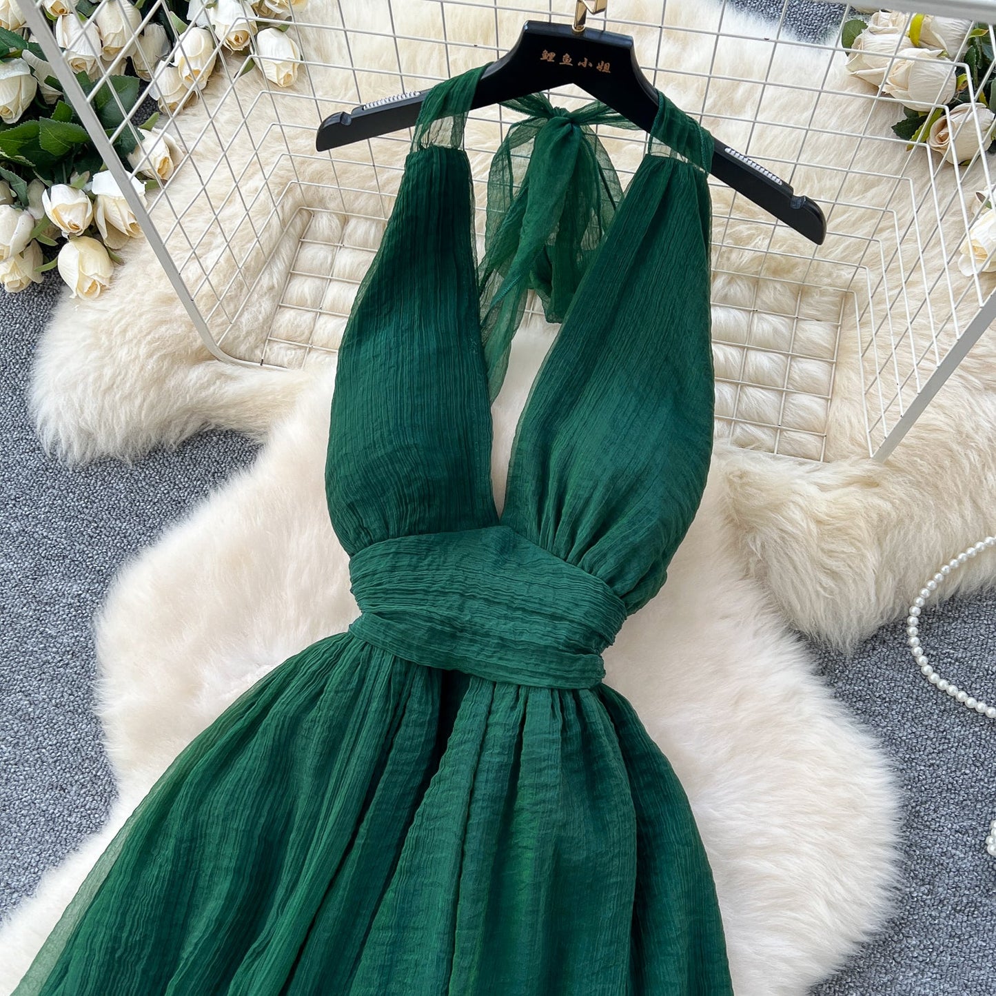 French dark green V-neck halter back long dress ED01086