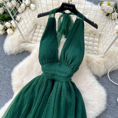 French dark green V-neck halter back long dress ED01086