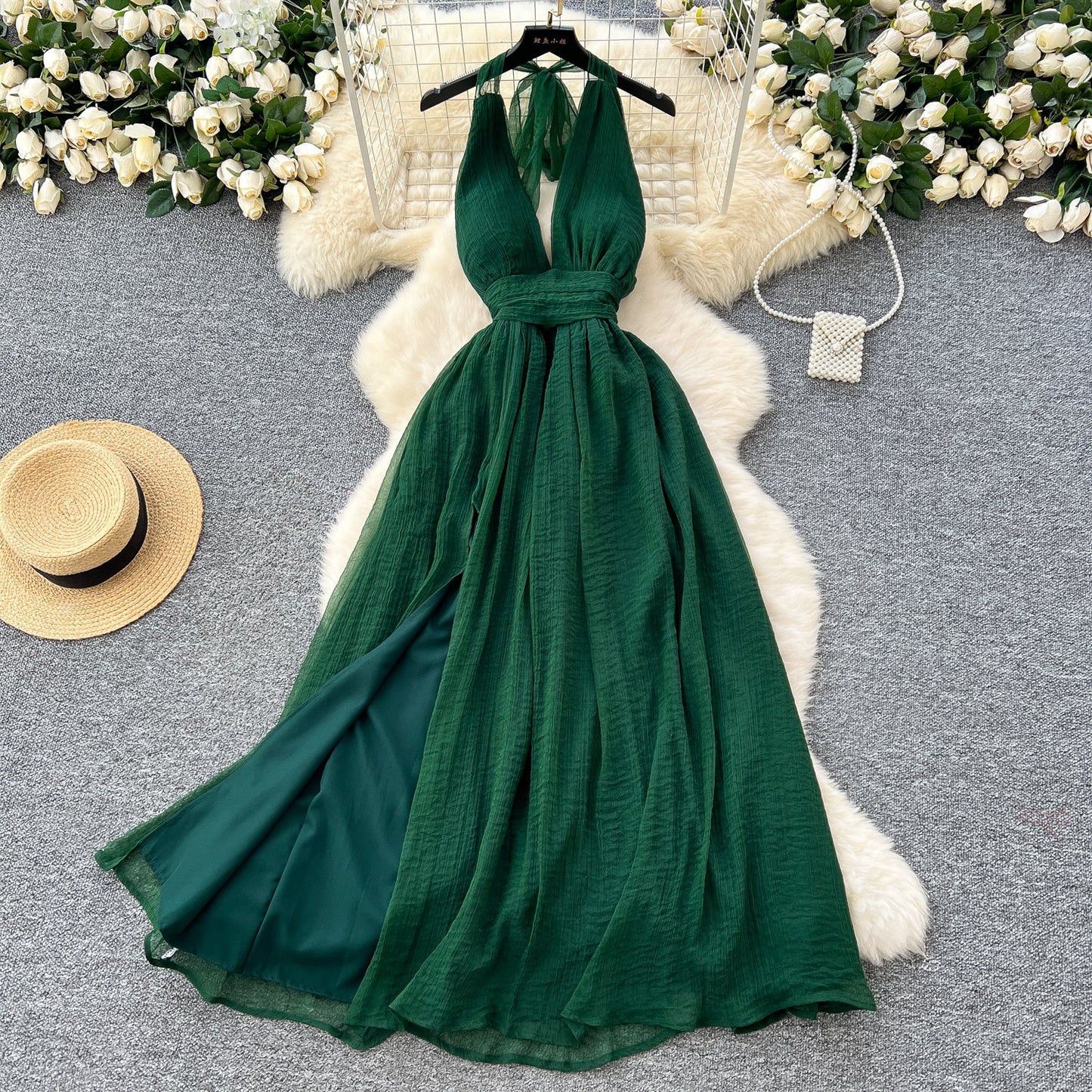 French dark green V-neck halter back long dress ED01086