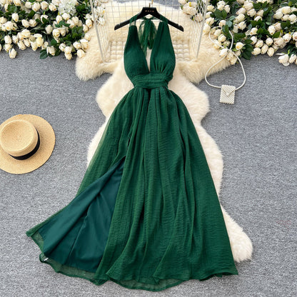 French dark green V-neck halter back long dress ED01086