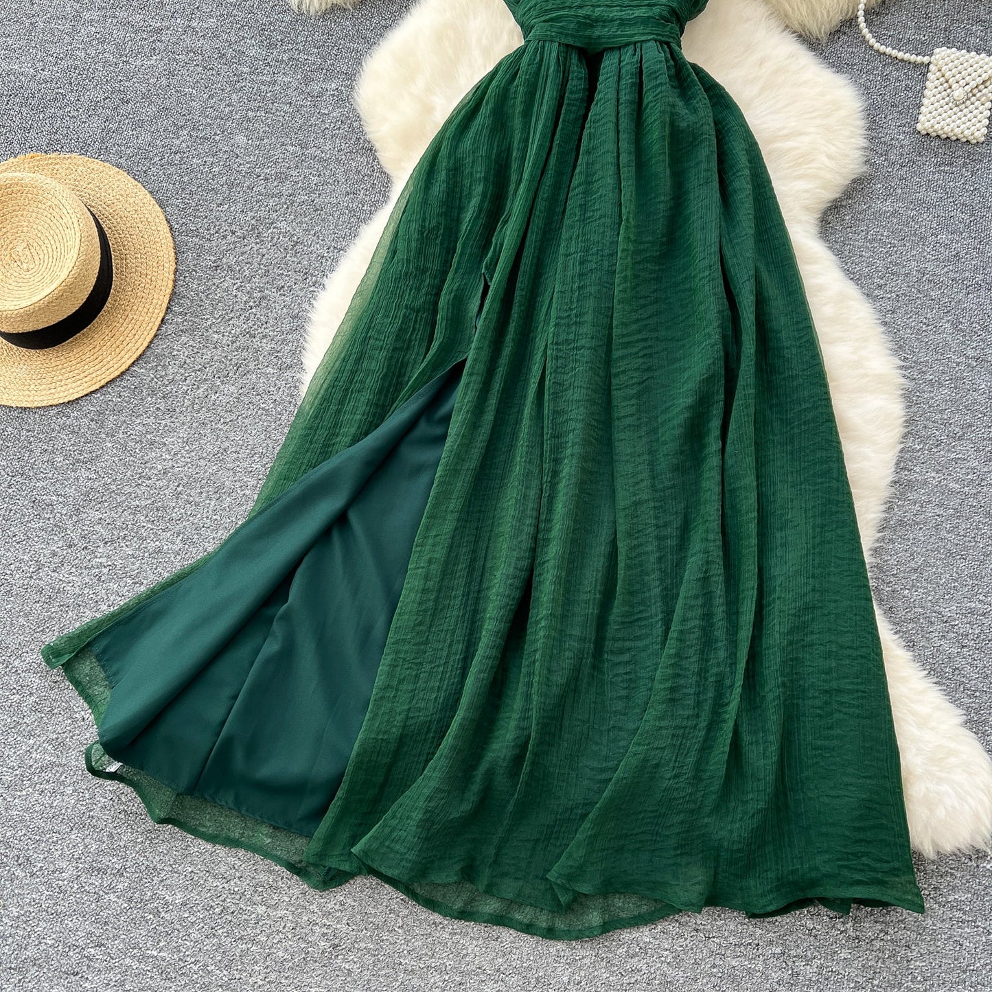 French dark green V-neck halter back long dress ED01086