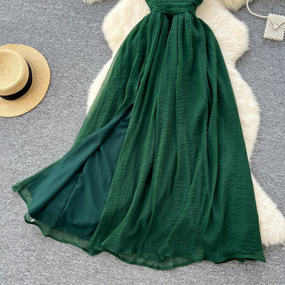 French dark green V-neck halter back long dress ED01086