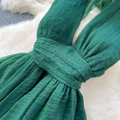 French dark green V-neck halter back long dress ED01086