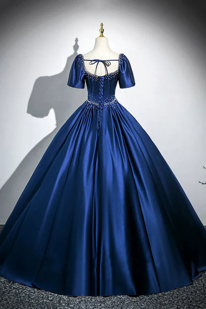 Blue Satin Long A-Line Prom Dress with Pearls, Elegant Short Sleeve Evening Party Dress ED01094