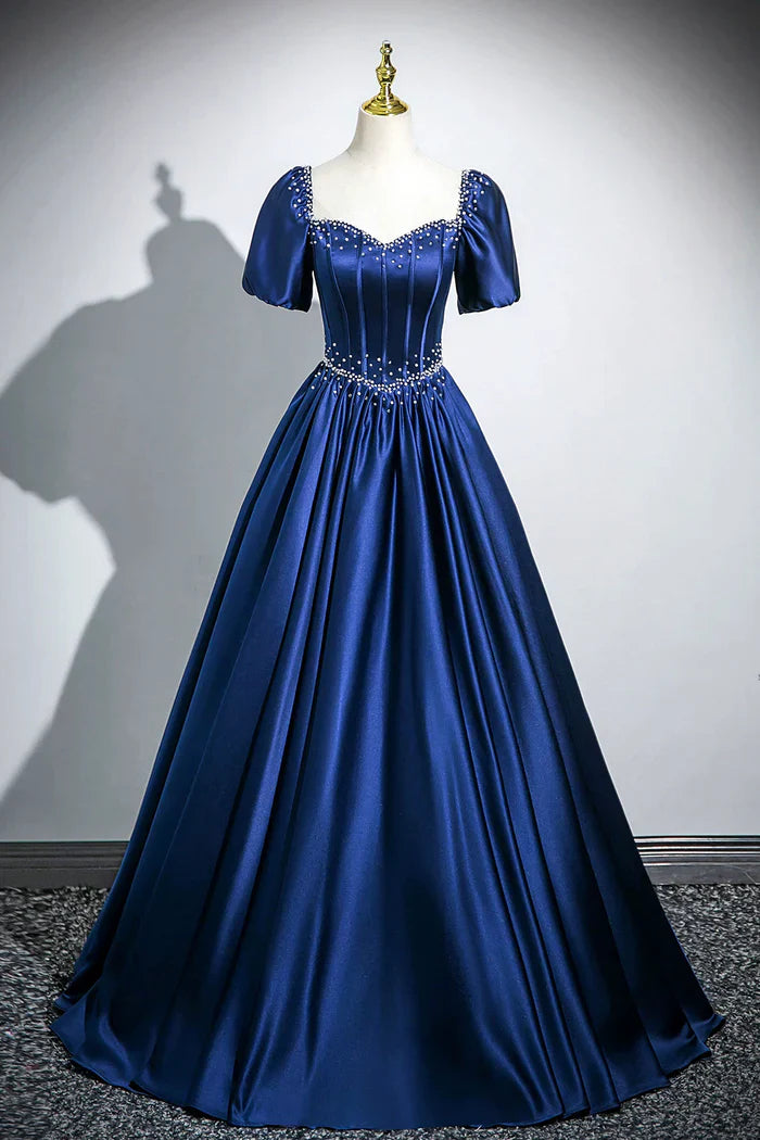 Blue Satin Long A-Line Prom Dress with Pearls, Elegant Short Sleeve Evening Party Dress ED01094