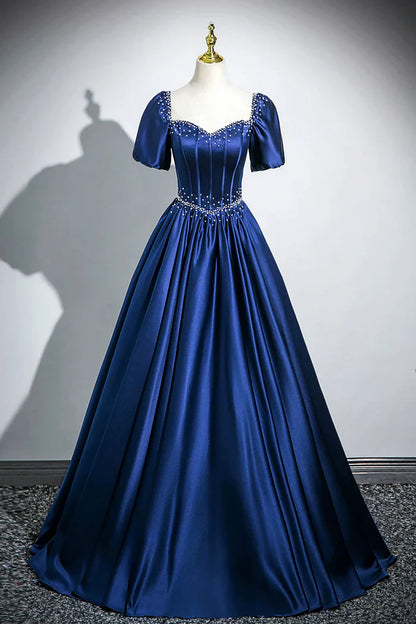 Blue Satin Long A-Line Prom Dress with Pearls, Elegant Short Sleeve Evening Party Dress ED01094