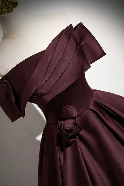 Burgundy Satin Long Prom Dress, Burgundy Off-the-Shoulder Formal Dress ED01095