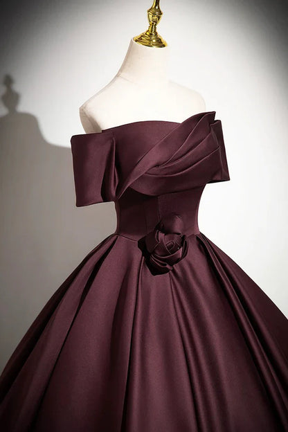 Burgundy Satin Long Prom Dress, Burgundy Off-the-Shoulder Formal Dress ED01095