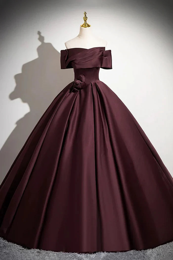 Burgundy Satin Long Prom Dress, Burgundy Off-the-Shoulder Formal Dress ED01095