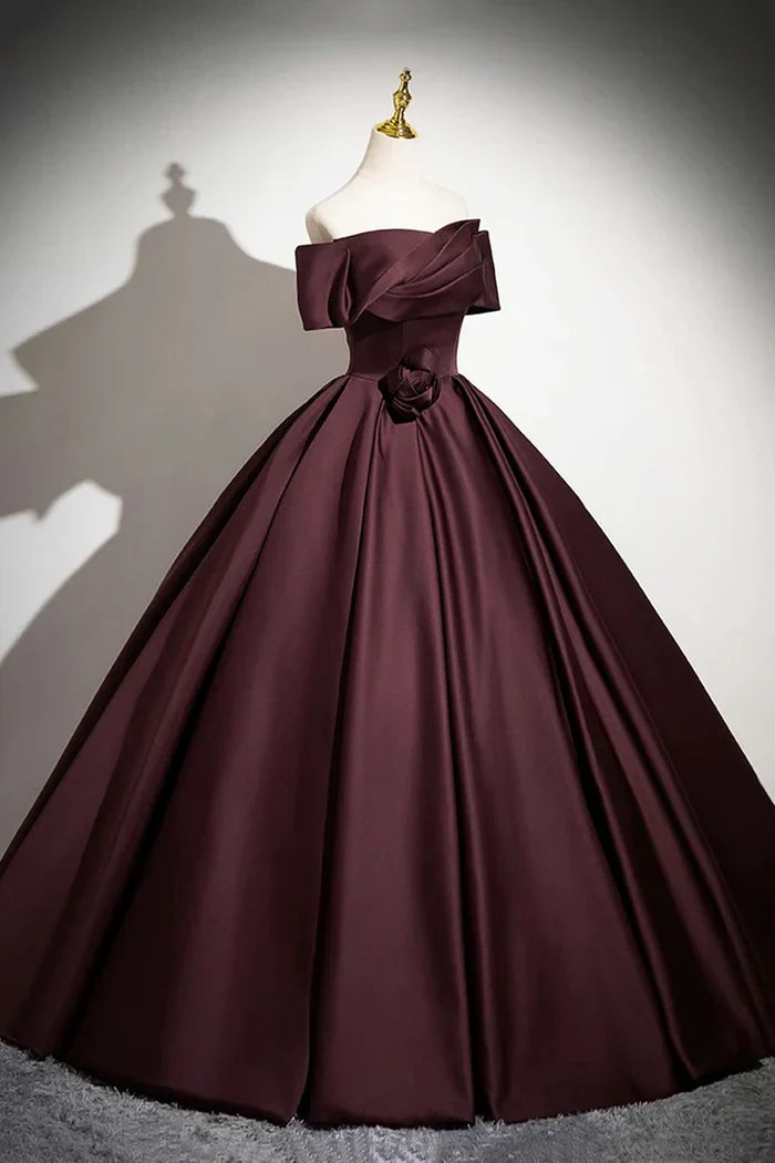Burgundy Satin Long Prom Dress, Burgundy Off-the-Shoulder Formal Dress ED01095