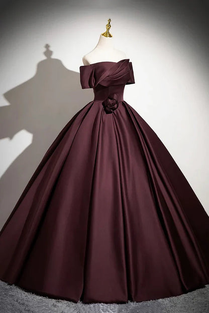 Burgundy Satin Long Prom Dress, Burgundy Off-the-Shoulder Formal Dress ED01095
