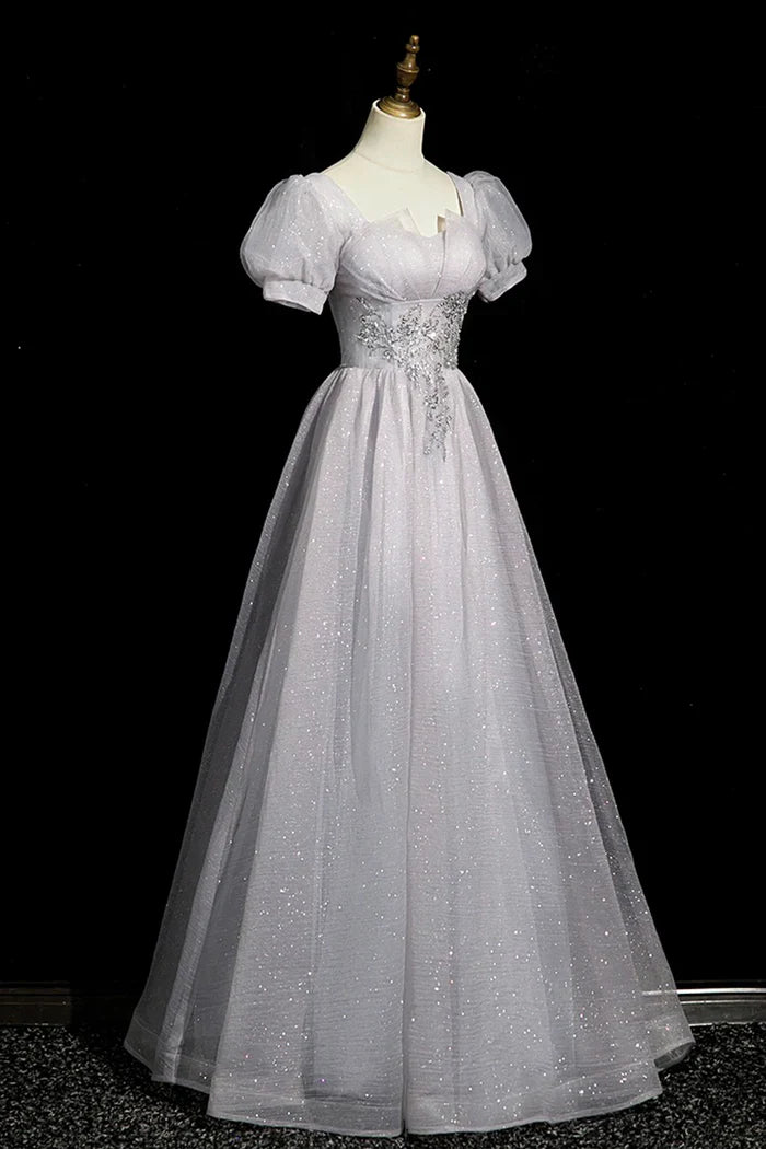 Gray Tulle Beaded Long Prom Dress, A-Line Short Sleeve Evening Party Dress ED01096