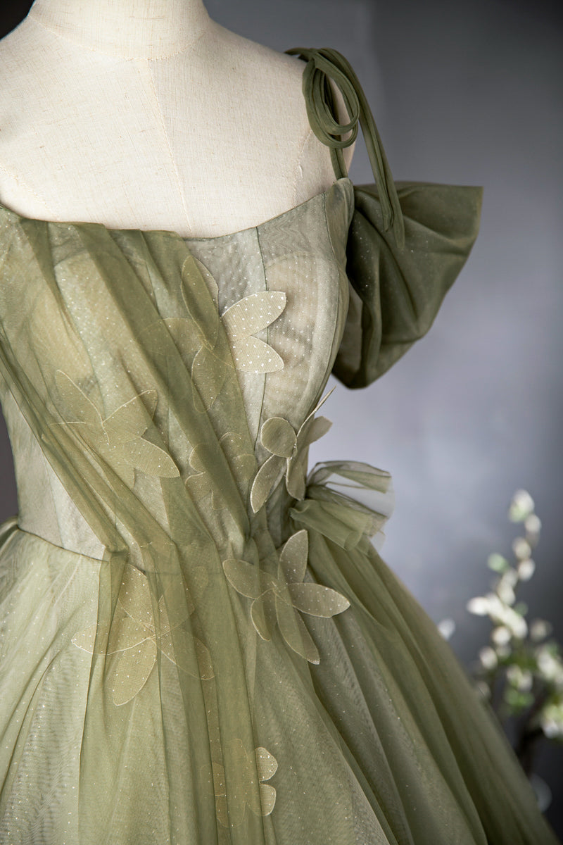 Green A-line tulle long prom dress, green bridesmaid dress ED01099