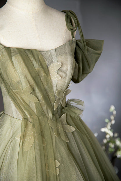 Green A-line tulle long prom dress, green bridesmaid dress ED01099