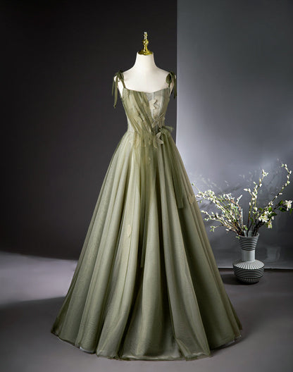 Green A-line tulle long prom dress, green bridesmaid dress ED01099