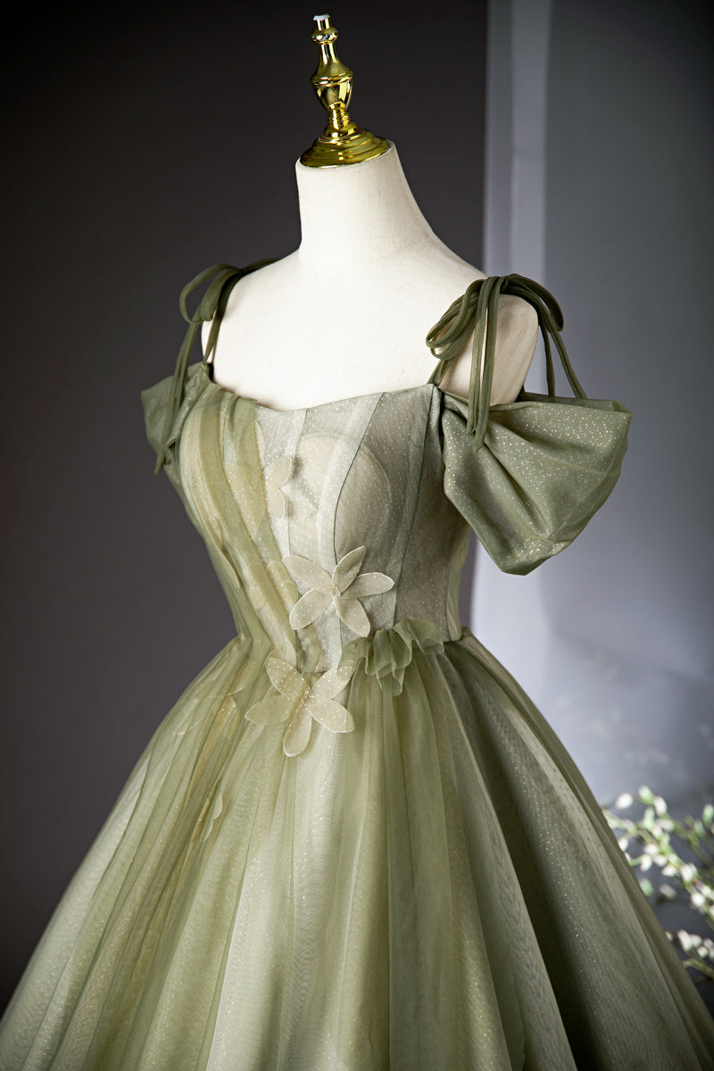 Green A-line tulle long prom dress, green bridesmaid dress ED01099