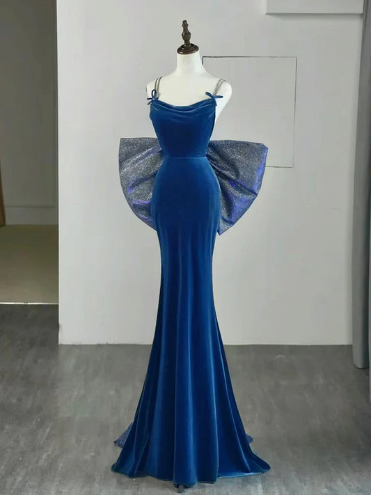 Mermaid Velvet Blue Long Prom Dress, Mermaid Long Formal Dress ED011