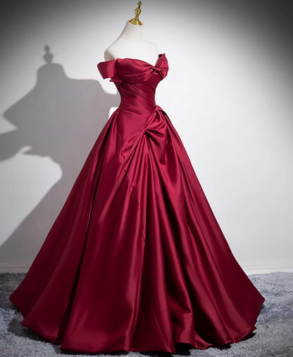 Burgundy A-line off-the-shoulder satin long prom dress, burgundy formal dress ED01102