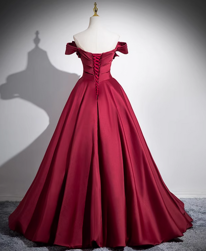 Burgundy A-line off-the-shoulder satin long prom dress, burgundy formal dress ED01102