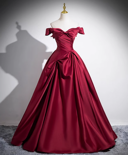 Burgundy A-line off-the-shoulder satin long prom dress, burgundy formal dress ED01102