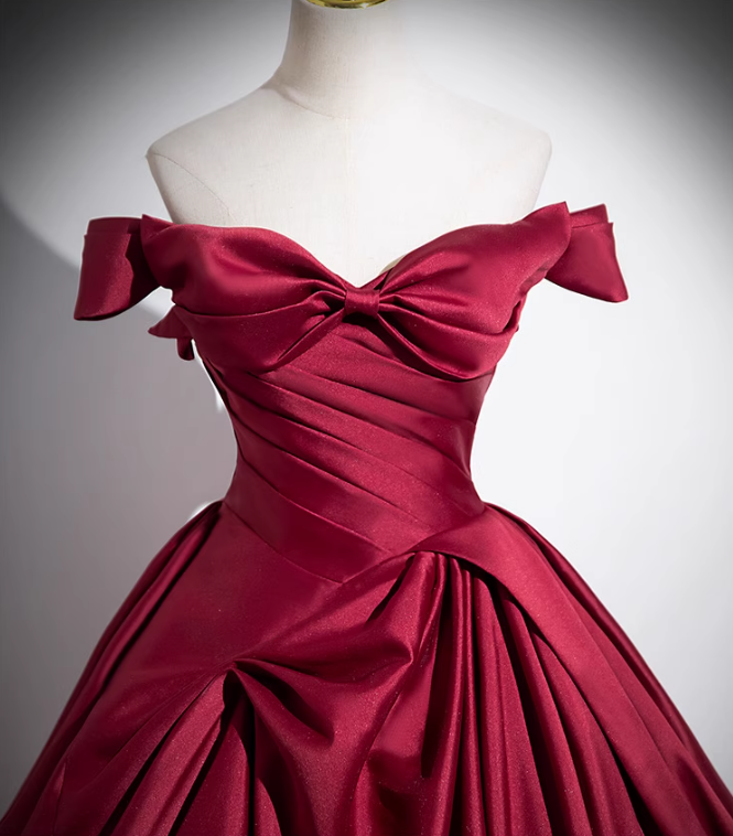 Burgundy A-line off-the-shoulder satin long prom dress, burgundy formal dress ED01102