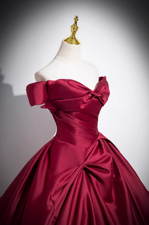 Burgundy A-line off-the-shoulder satin long prom dress, burgundy formal dress ED01102