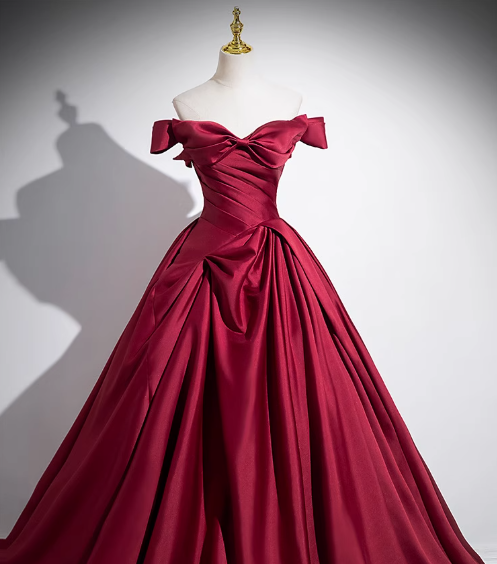Burgundy A-line off-the-shoulder satin long prom dress, burgundy formal dress ED01102
