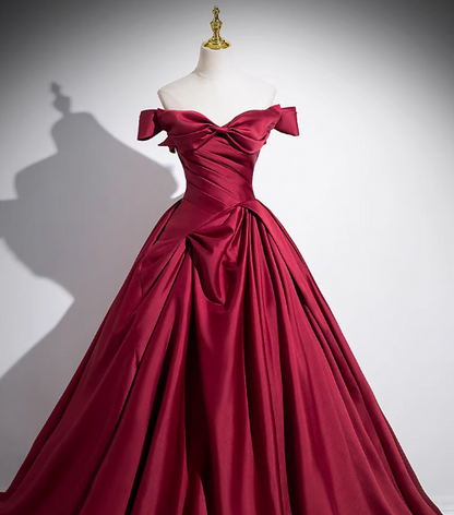 Burgundy A-line off-the-shoulder satin long prom dress, burgundy formal dress ED01102