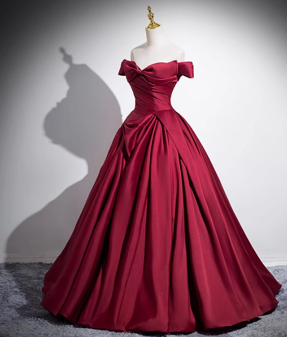 Burgundy A-line off-the-shoulder satin long prom dress, burgundy formal dress ED01102