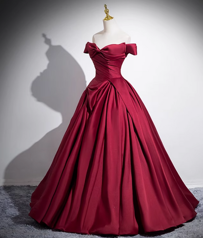 Burgundy A-line off-the-shoulder satin long prom dress, burgundy formal dress ED01102