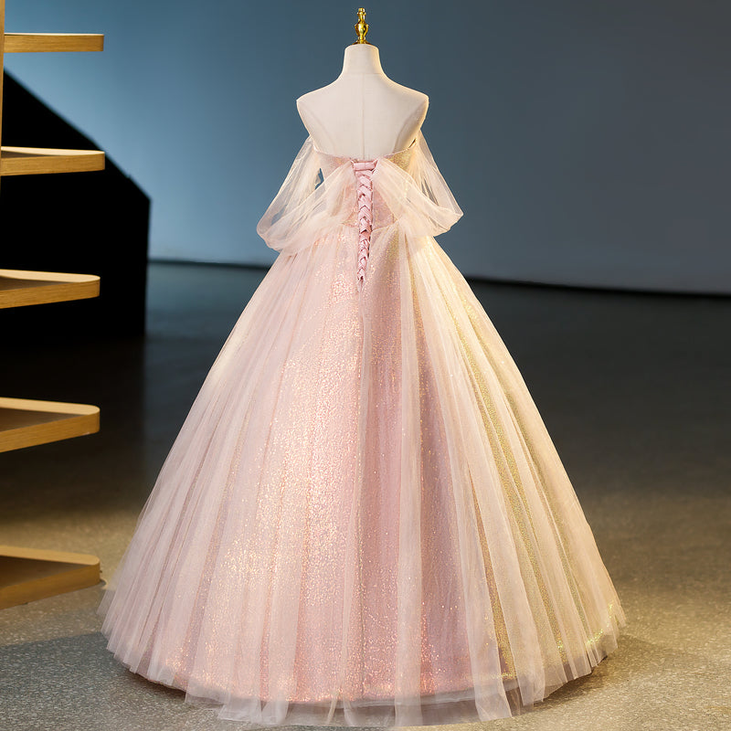 A-line pink sweetheart neckline tulle sequin long prom dress, pink evening dress ED01103