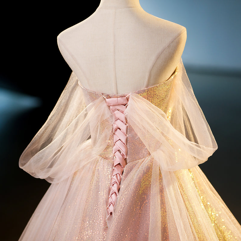 A-line pink sweetheart neckline tulle sequin long prom dress, pink evening dress ED01103