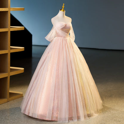 A-line pink sweetheart neckline tulle sequin long prom dress, pink evening dress ED01103