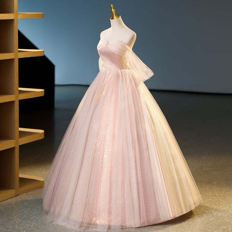A-line pink sweetheart neckline tulle sequin long prom dress, pink evening dress ED01103