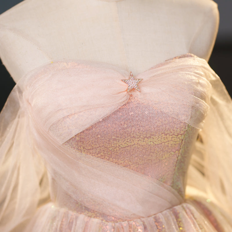 A-line pink sweetheart neckline tulle sequin long prom dress, pink evening dress ED01103